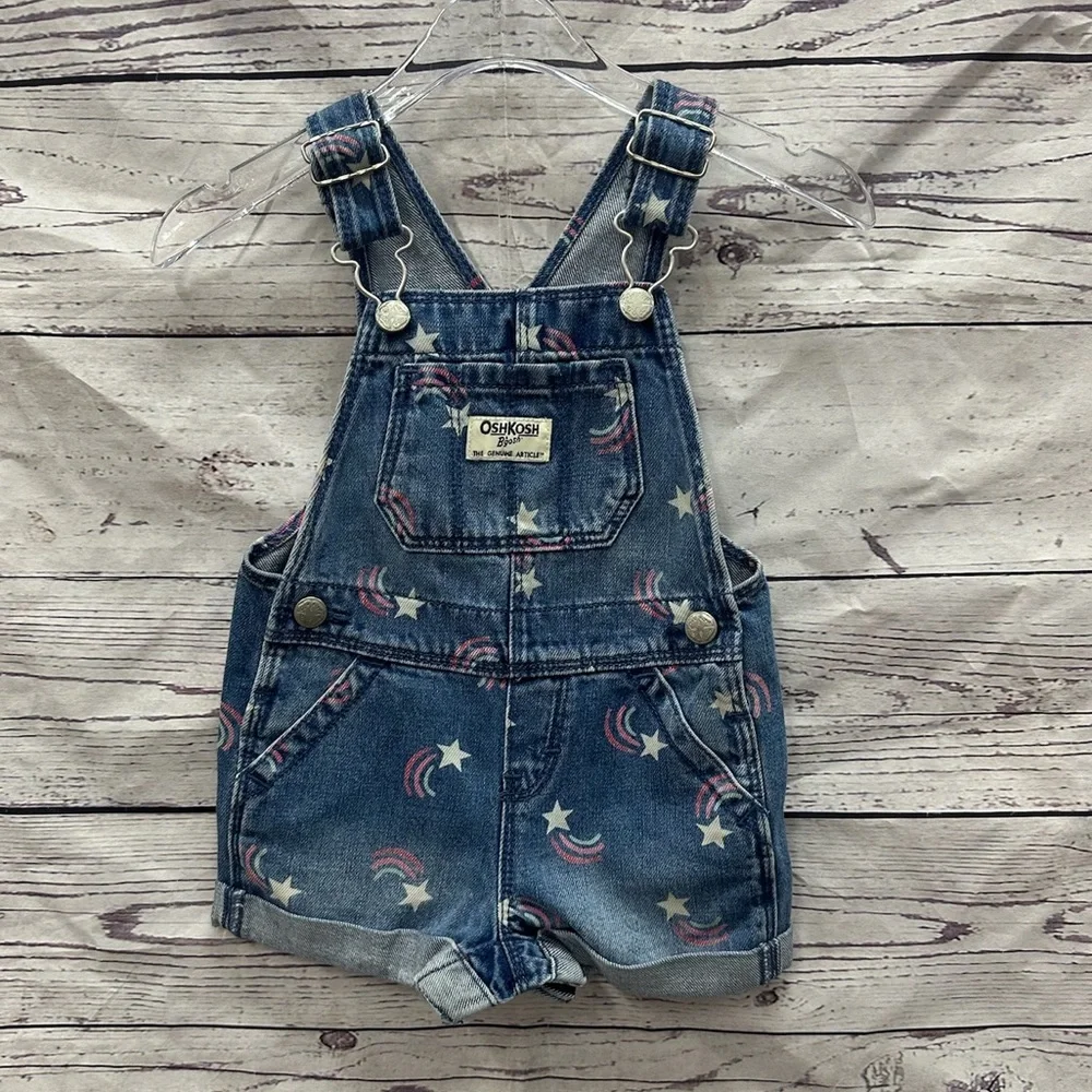 Oshkosh B’Gosh Girls Star Rainbow Denim Overall Shorts Size 9M